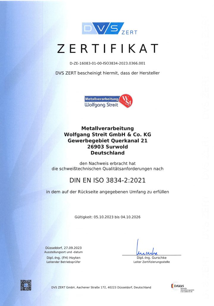 Qualitätszertifikat Metallverarbeitung Streit